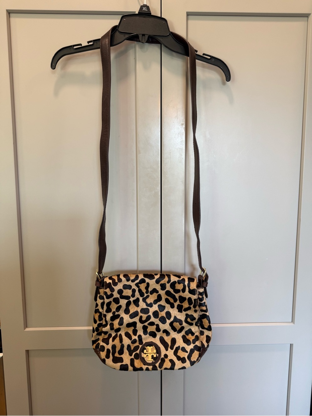 Tory Burch Fur (cow) Leopard Print Crossbody in Brown and Black with Gold Logo